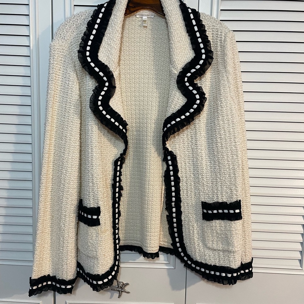 Escada Cream Knit Cardigan with Black Trim